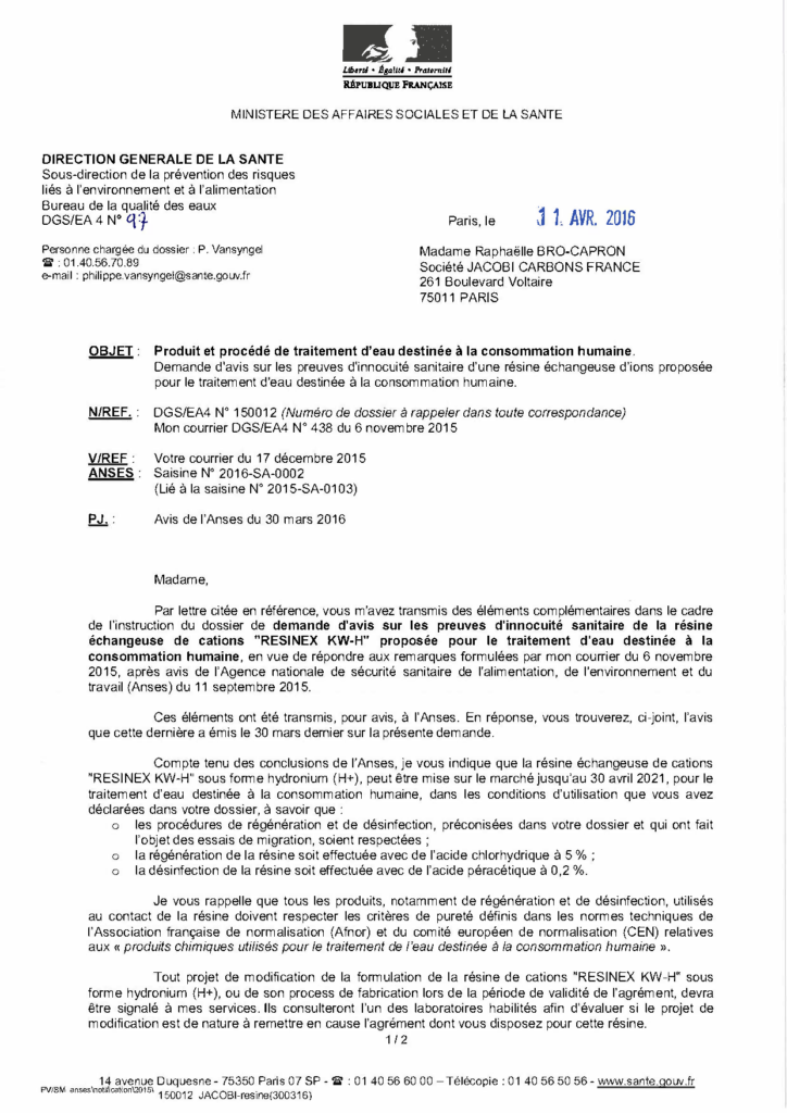 Approval of Resinex KW-H for use in the treatment of drinking water in France
